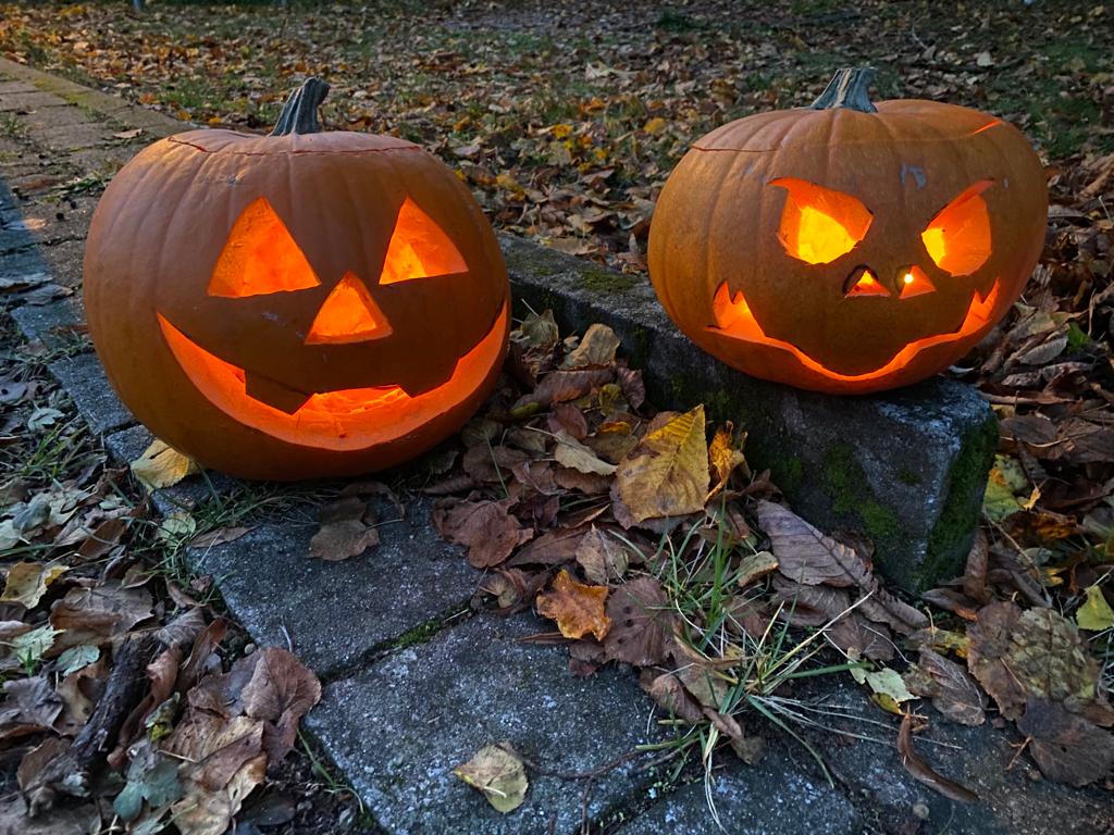 Das Foto zeigt zwei Kürbisse mit Halloweenfratze. Sie sind ausgehölt, im Innern leuchtet ein Teelicht. Sie stehen auf dem Waldboden und leuchten schaurig orange durch die geschnitzten Öffnungen von Augen, Nase und Mund.